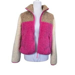 Bella Tilley x Bar III Fuzzy Fleece Zip Up Jacket Color Block Pink Tan Cream- XS